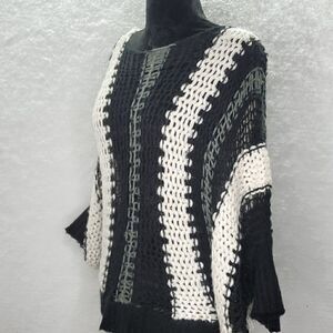 Lumiere Batwing Striped Crochet Knitted Oversized Wool Blend Sweater Size S/M